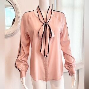 Calvin Klein Button Down Blush/Pink & Black Trim Blouse with Self Neck Tie S